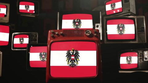 Flag of Austria with Coat of Arms and Vintage Televisions. 4K Resolution.