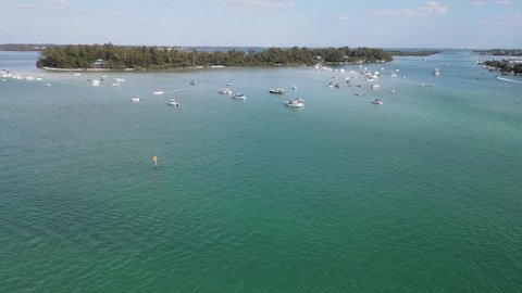 aerial of Longboat Pass and Jewfish Key in Sarasota, Florida on any given Saturday. Boaters paradise