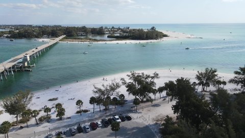aerial looking south to Longboat Key in Sarasota, Florida. Boaters on a busy Saturday