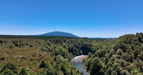 Flight over mysterious deep forested river gorge on stunning Summer day - NZ