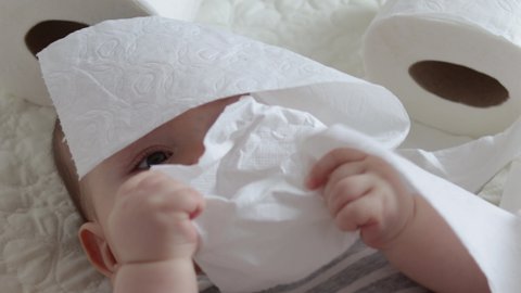 Cute Little Baby Playing Toilet Paper Stock Footage Video (100% Royalty
