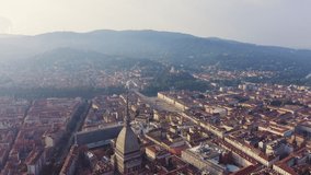 Inscription on video. Turin, Italy. Flight over the city. Historical center, top view. Heat burns text, Aerial View