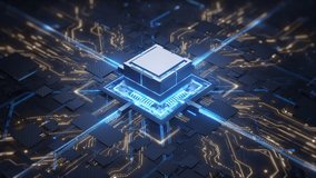 Concept animation shows the process of turning on the CPU in the motherboard. Digital pulses and signals from the chip propagate through the motherboard. 3d rendering. - Powered by Shutterstock - Get 15% off with code: PIKWIZARD15