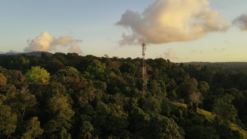 Aerial shot of a communications antenna in the jungle. Telecommunication tower in Costa Rica 