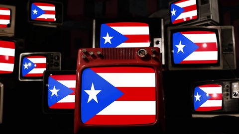 Flag of Puerto Rico and Vintage Televisions. 4K Resolution.