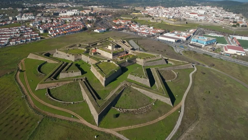 Aerial drone view of Fort Nossa Senhora da Graca in Elvas on top of Monte da Graca Portugal. UNESCO world heritage in Alentejo