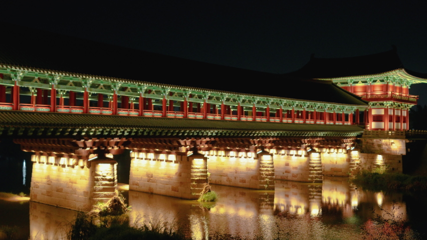 Gyeongju, South Korea - Nov 2021 : Woljeonggyo Bridge at night in the city of Gyeongju, South Korea.