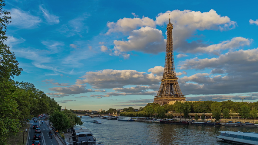 Summer Sunset Over Paris and Eiffel Tower Seine River and Boats Road Traffic | Shutterstock HD Video #1088364737