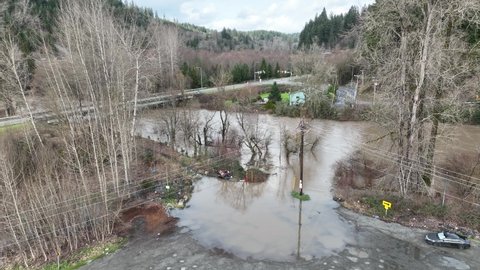 Cinematic 4K aerial drone footage of flooding on the Green River Duwamish near Auburn in King County Washington