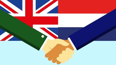 Two people shaking handshake with United Kingdom and Holland flag, Handshake icon, business agreement handshake.
