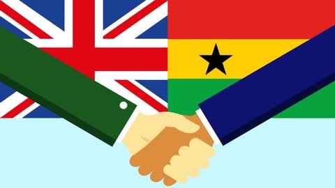 Two people shaking handshake with United Kingdom and Ghana flag, Handshake icon, business agreement handshake.