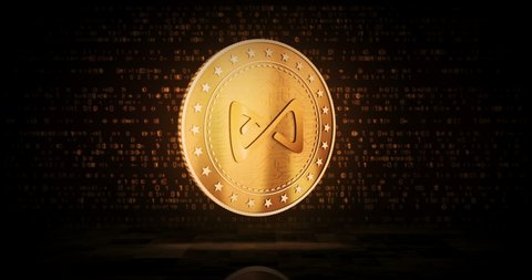 Axie AXS infinity, game cryptocurrency gold coin on loopable digital background. 3D seamless loop concept. Rotating golden metal looping abstract animation.