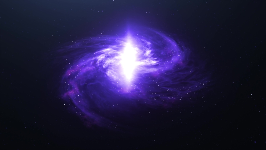 A spiral galaxy in the dark starry sky. The camera slowly zooms in on the purple galaxy. Rotating Nebula space animation in 3d.  Ideal for meditation background and relaxation music. Royalty-Free Stock Footage #1088374889