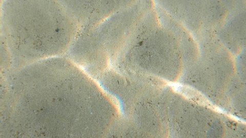 A beautiful live camera footage of sun rays penetrating clear sea water making up beautiful sun dog pattern with rainbow spectrum glow on sand bottom. Natural sun light texture of undersea background