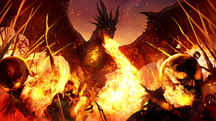 A huge furious black dragon burned bursts into the army of the undead with fiery breath and with a drunken crowd of skeletons with his fire from the chest on the battlefield clean looped 2d animation Royalty-Free Stock Footage #1088379139