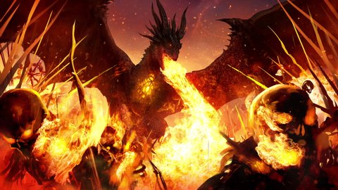 A huge furious black dragon burned bursts into the army of the undead with fiery breath and with a drunken crowd of skeletons with his fire from the chest on the battlefield clean looped 2d animation