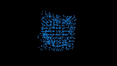 Animated blue cube consisting of many particles rotates endlessly on a black background.