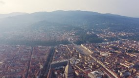 Inscription on video. Turin, Italy. Flight over the city. Historical center, top view. Text furry, Aerial View