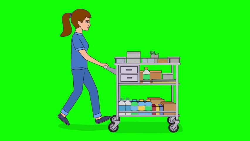 Nurse push trolley with medical equipment.
Animation on a green screen.