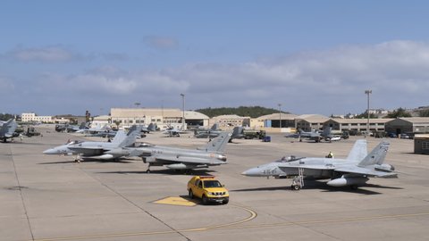 Gando Airport Gran Canaria Spain OCTOBER, 21, 2021 Military planes parked in a NATO airport ready for air defense missions. McDonnell Douglas F-18 Hornet of Spanish Air Force