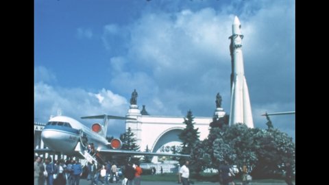 Moscow, Russia - 1985: Vostok rocket launcher Soviet R-7 Semyorka ICBM and Airplane yak-42. Cosmos pavilion in All-Russia exhibition centre of Moscow. Archival of Russia in the 1980s.
