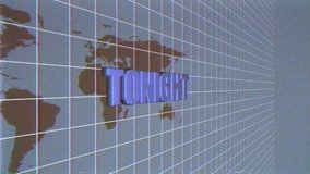 retro video style tonight news graphic in front of world map