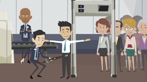 Security guard scanning travelers at airport security check animated concept