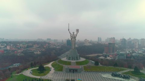 Aerial drone footage. Fly over motherland monument in Kyiv. Kyiv Ukraine - 2 December 2021