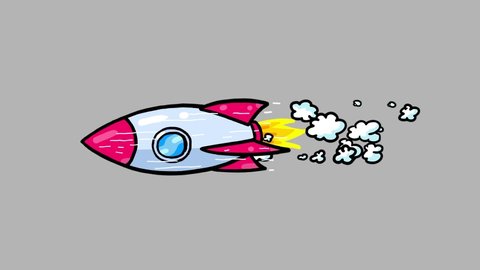 Rocket flying cartoon animation seamless dynamic loop isolated. Dynamic doodle children animation style. Good for any space project. Alpha included.
