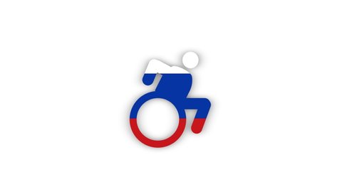 Russian disabled warrior in wheelchair on a white background. sign in the colors of the Russian flag. Footage for your project, news. 4K video animation for motion graphics and compositing