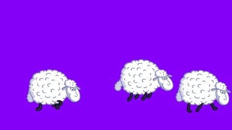 Sheep 2 sleep no background greenbox. Cartoon four white character animals walking from left to right and jumping. Good for lullaby, counting to sleep. God for sleepless nights. 1,2,3... Seamless loop
