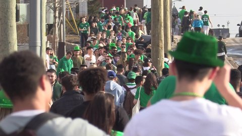 Waterloo, Ontario, Canada March 2022 College and university students wear green for St. Patrick's day celebrations