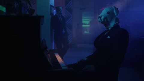 Weird party, night club with man in suit and rabbit mask playing piano. Dark scene, hallucinations, halloween masks. Creepy people sitting in a club, dressed as animals.