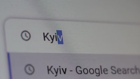 Buenos Aires, Argentina - March 2022: Searching for "Kyiv" on the Internet. Close Up.  