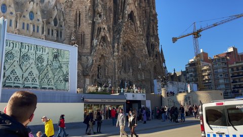 Barcelona, Spain - January 15, 2022; Low angle view of The Basílica de la Sagrada Família 