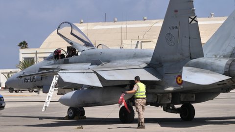 Gran Canaria Spain OCTOBER, 21, 2021 Military plane parked with opened canopy. McDonnell Douglas Boeing F-18 Hornet of Spanish Air Force