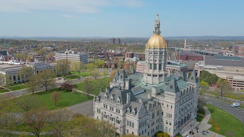 Aerial drone shot of the capitol in Hartford Connecticut with a whip pan at the end for transitions.