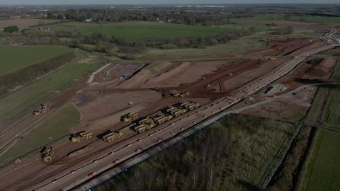Railway Construction, Heavy Plant Machinery Working On High-Speed Two Coventry Aerial View Winter HS2 UK