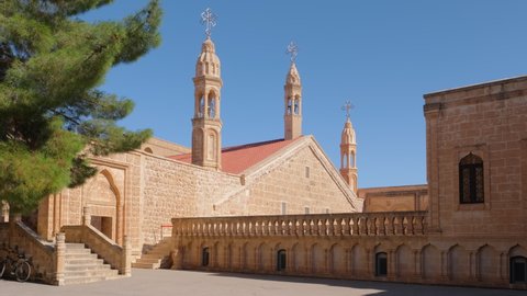 Mor Gabriel Syriac Monastery in Midyat Town, Mardin, Turkey. Dayro d-Mor Gabriel also known as Deyrulumur, is the oldest surviving Syriac Orthodox monastery in the world. Slow steadicam footage.