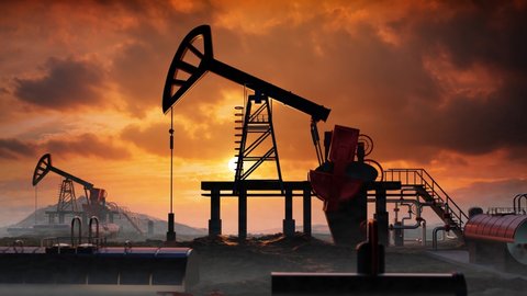 Oil pump, oil industry equipment, drilling derricks from oil field silhouette at sunset. Energy supply crisis. 3D rendering