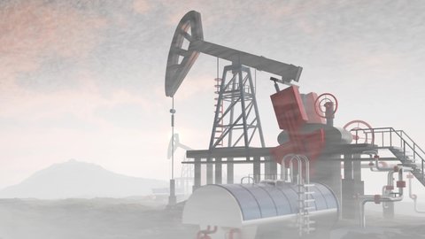 Oil pump, oil industry equipment, drilling derricks from oil field silhouette at sunset. Energy supply crisis. 3D rendering