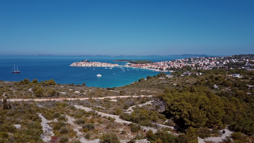 Aerial panorama of resort adriatic town Primosten, Croatia. 2x speeded up from 30 fps.