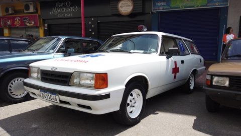 Teresopolis, RJ, Brazil - March 20th 2022 - Vintage Chevrolet General Motors Ambulance from the 90s.  White colour. Similar to El Camino, GMC Sprint, Caballero and Ranchero. Classic old ambulance car.