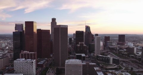 Aerial drone shot flying on downtown Los Angeles. Urban aerial view of downtown Los Angeles filmed by drone.