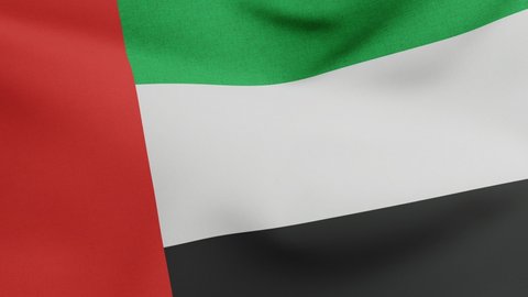 National flag of United Arab Emirates waving original size and colors 3D Render, used Pan-Arab colors and designed Abdullah Al Maainah, UAE flag