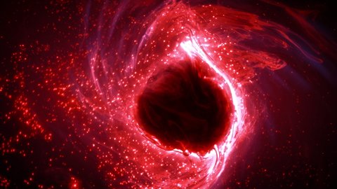 Red glowing particles orbiting hot burning glowing plasma nucleus with mysterious matter. Concept 3D animation of nuclear fusion process in artificial sun reactor and scientific research experiments.