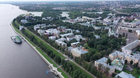 Aerial view of Russian city Yaroslavl. Cathedral of Assumption and Volga River visible from above.