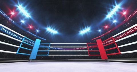 Empty boxing ring and grand stadium full of fans and shining floodlights. Professional 4k video advertisement for sports event.