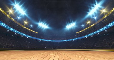 Empty wooden court and grand stadium full of fans and shining floodlights. Professional 4k video advertisement for sports event.