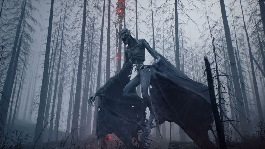 3d A nightmarish vampire flies over scorched earth in the middle of a dark, mystical forest. Concept of a fairy tale forest. The animation is perfect for spooky, fantastical and fairytale backgrounds. Royalty-Free Stock Footage #1088421899